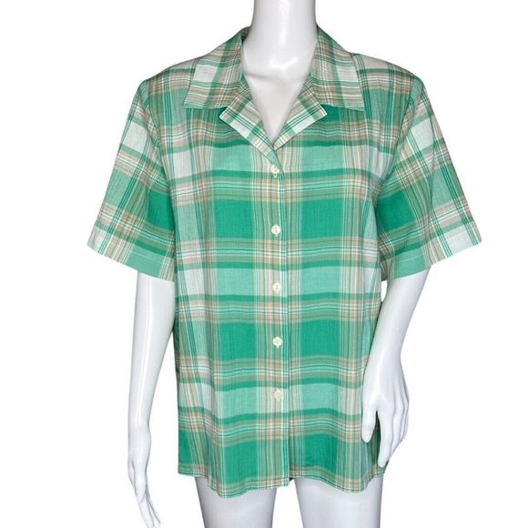 Allison Daley Shirt Womens 16 Petite Green‎ Cream Plaid Button Up Grandmacore - Picture 1 of 8